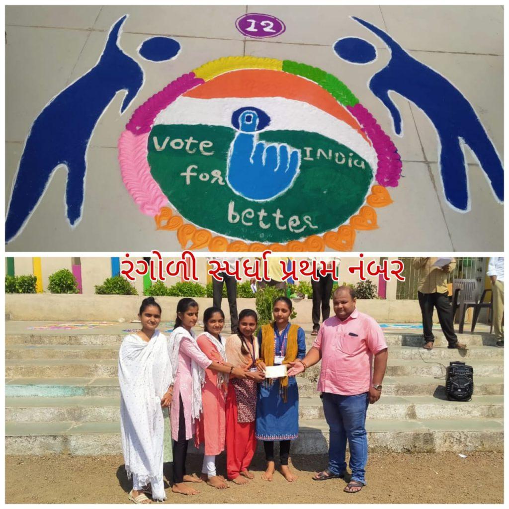 A rangoli and drawing competition was held as part of voting awareness at Galthar Government High School of Mahuwa taluk