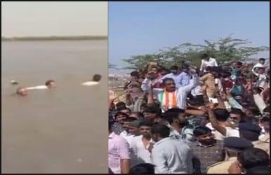 Rajula's Congress candidate Amrish Der reached out to the villagers by swimming in the sea for election campaign