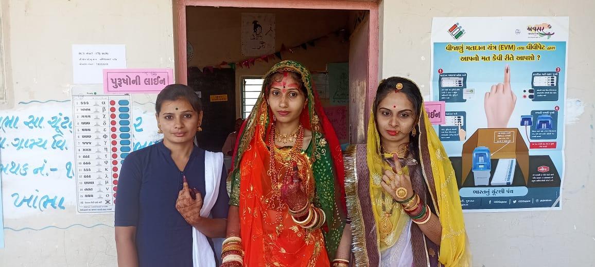 brides-with-henna-on-their-hands-arrive-to-vote-payalba-sarvaiya-of-khambha-village-in-sihore-does-her-moral-duty