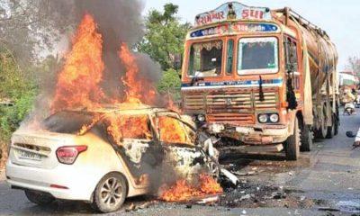 Driver flees as car catches fire after accident near Mahuva